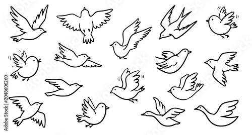 Hand Drawn Flying Birds Vector Pack with Minimal Naive Outline Icons