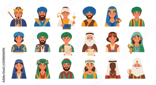 Flat Cartoon Illustration of Biblical and Historical Characters representing Ancient Religious History and Diverse Cultures