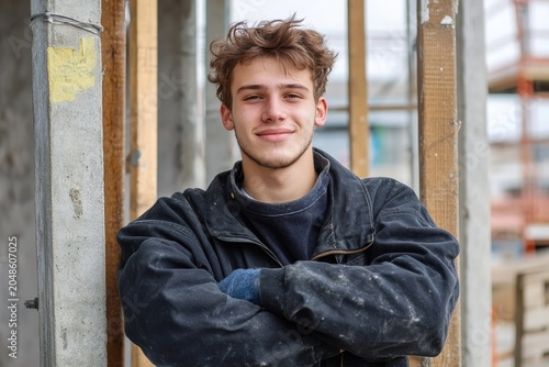 Young construction worker with a friendly smile poses with his arms crossed in a work environment.