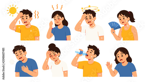 Slika na platnu Set of people with heat exhaustion symptoms in flat vector style