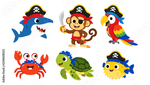 Photography Cute pirate animals and sea creatures cartoon vector set