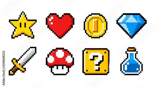 Billede på lærred Pixel art game item icons set with star heart coin and sword