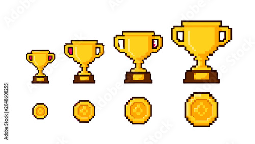 Cuadro en lienzo Pixel art trophy cups and gold coins game reward set