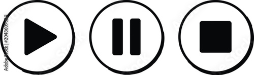 Black play pause and stop media control buttons in circular frames