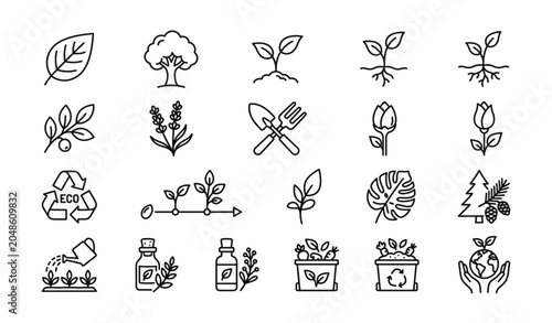 Leaves editable line icon set with botanical garden eco friendly and nature outline symbols