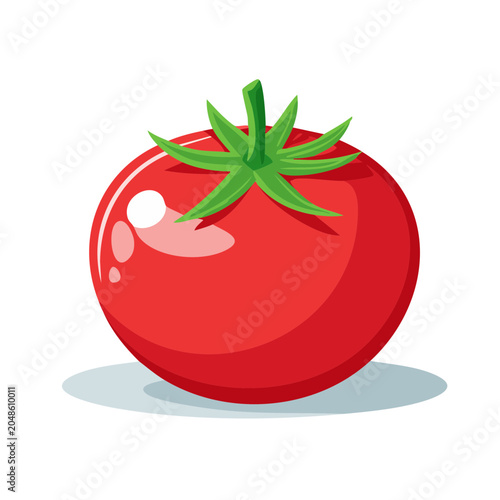 Red tomato with green stem, flat design illustration