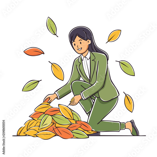 Woman collecting autumn leaves in a pile