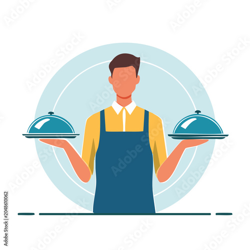 Waiter holding serving dishes with cloches