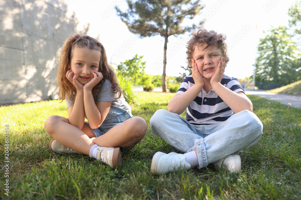 Fototapeta premium Cute little kids spending time together on grass in park