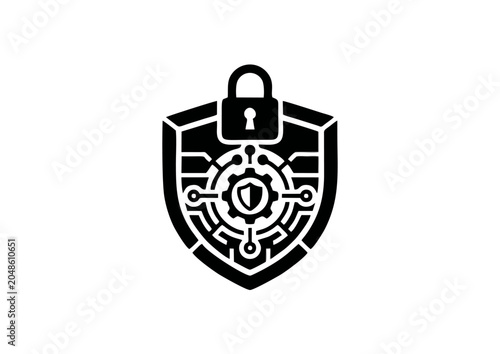 Cybersecurity Shield Icon with Padlock and Circuit Pattern in Black and White Design Representing Digital Safety, Data Protection and Modern Secure Technology Concept