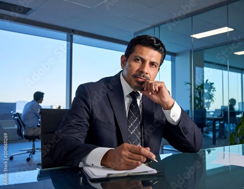 A man in a suit sitting at a desk in an office