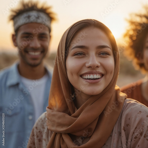 A portrait of a happy Arabian girl in hijab surrounded by friends of different ethnicities, laughing together outdoors at sunset