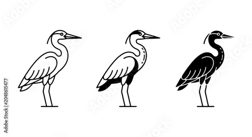 Foto Heron Bird Vector Icons, Silhouette and Outline Styles, Wildlife Graphics