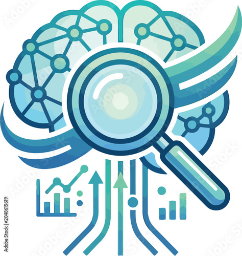A stylized illustration of a brain with a magnifying glass, symbolizing analysis and insight