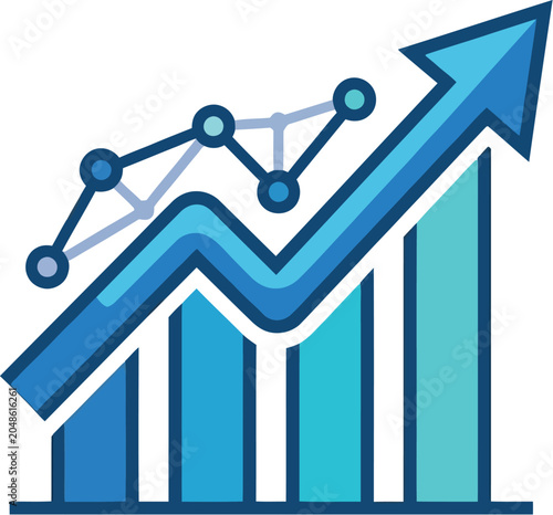 A blue bar graph with an upward trend and a rising arrow indicating growth and success