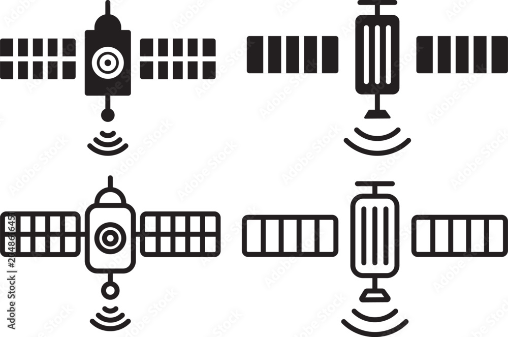 Obraz premium Satellite icon vector design set. Icon Symbol Black Outline and Solid. Satellite icon with glyph and line. black vector icons for Web UI. Satelite icon concept in flat black and white style on clean b