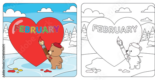 Schilderij op canvas Cute Cartoon Bear Painting a Big Red Heart with February Text in a Snowy Winte