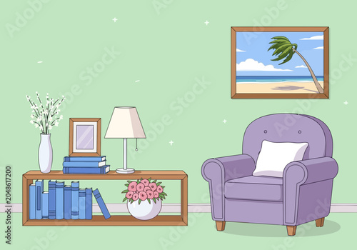 Cozy living room interior with a purple armchair and wooden bookshelf
