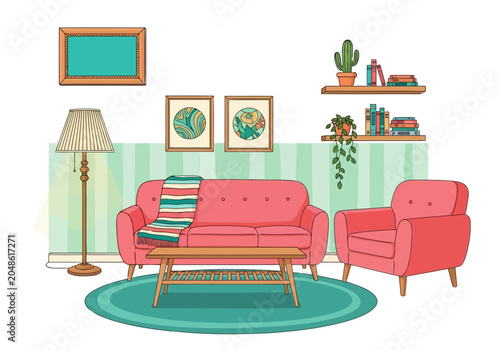 Cozy living room interior with pink sofa and armchair, coffee table, floor lamp, and wall shelves with books and plants