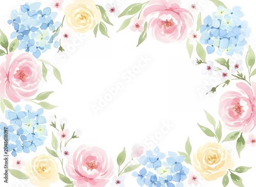 Elegant Watercolor Floral Frame with Soft Pastel Pink, Yellow, and Blue Flowers and Green Leaves, Ideal for Gentle Decorative Design Projects