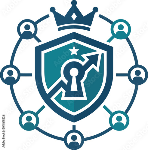 A blue shield with a crown and people icons connected in a circle on a white background