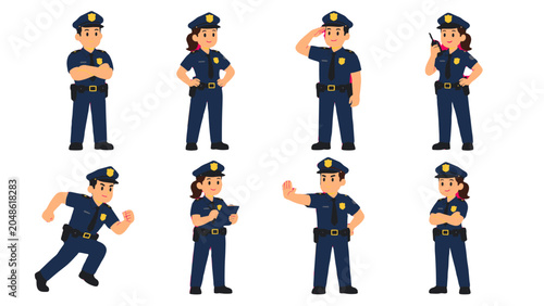 Foto Cartoon police officers in uniform with different poses set