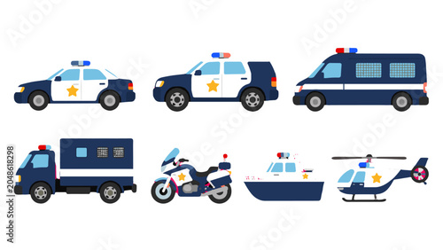 Cuadro en lienzo Set of police transport vehicles in flat vector style