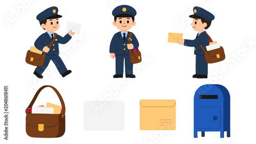 Tableau sur toile Cartoon mail carrier characters with envelopes and mailbox set