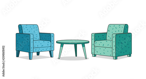 Two comfortable armchairs featuring speckled blue and green upholstery are positioned symmetrically around a low round central table in a minimalist flat cartoon living room.