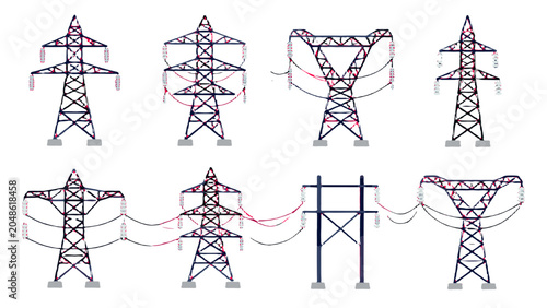 Fotografie Set of electrical transmission towers and power line pylons