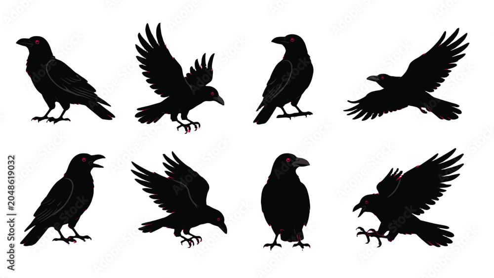 Obraz premium Black crow silhouettes in various poses and flight positions
