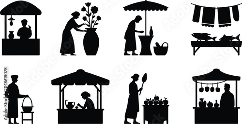 Tableau sur toile Traditional market and daily life silhouette icons featuring vendors, artisans,