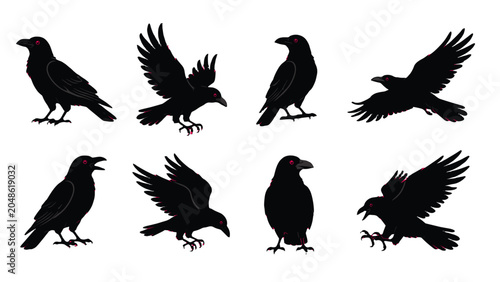 Bild auf Leinwand Black crow silhouettes in various poses and flight positions