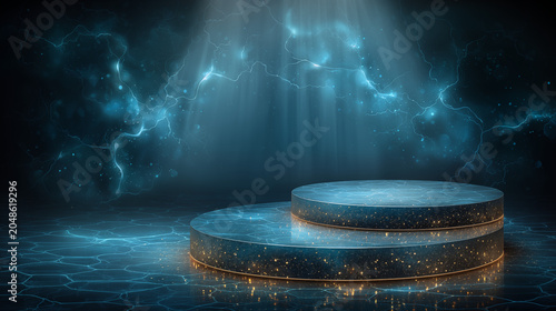 Futuristic abstract product display podium scene with glowing blue lightning energy, cosmic particles, dramatic volumetric light rays from above, cracked illuminated floor reflections, circular