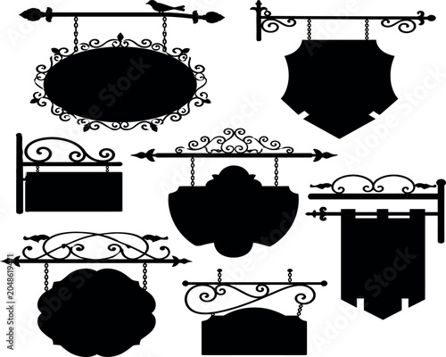 Картината върху платно Collection of Ornate Vintage Hanging Street Signs and Shop Signboard Silhouettes Featuring Wrought Iron Decorative Elements, Medieval Style Frames, and Antique Scrollwork for Design