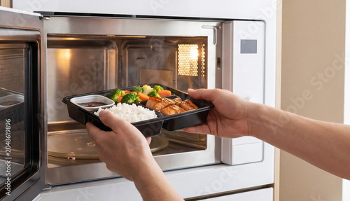 Fotografie Hands placing tray with chicken, rice and vegetables into microwave oven, convenient healthy lunch preparation concept