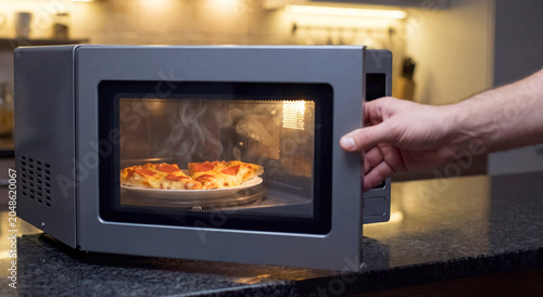 Canvas Print Pizza heating inside microwave oven with hand near door, quick home snack reheating concept