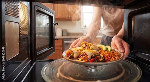 Fotografie Hands removing wrap filled with rice and vegetables from microwave oven, convenient home meal preparation concept