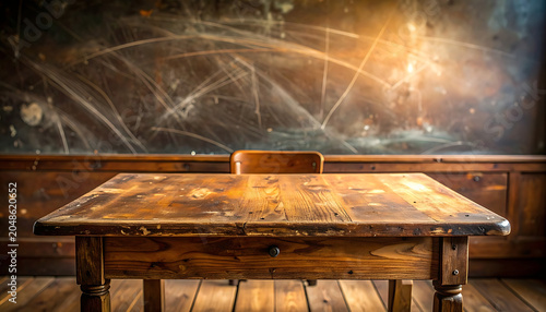 Empty vintage school desk in a dimly lit classroom, dusty chalkboard background, evoking nostalgia and learning history