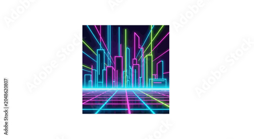 Futuristic Neon Cityscape with Glowing Grid Lines.