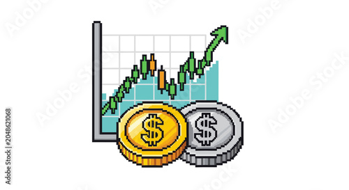 Gold and Silver Coins with Upward Trend Stock Market Graph.