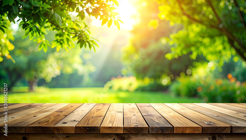 Empty wooden picnic table in a sunny park with lush green trees and soft sunlight filtering through leaves, perfect for outdoor dining concepts