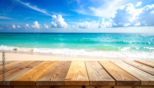Empty wooden table on a sunny tropical beach with turquoise ocean and blue sky, perfect for summer vacation themes