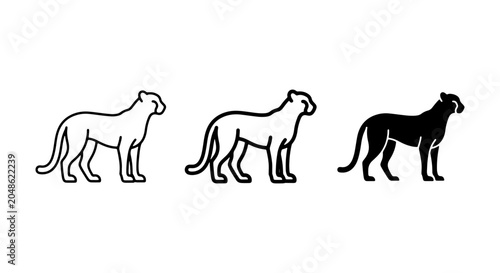 Photography Panther Icons Set, Wild Cat Vector Graphics, Silhouette and Outline Styles, Big