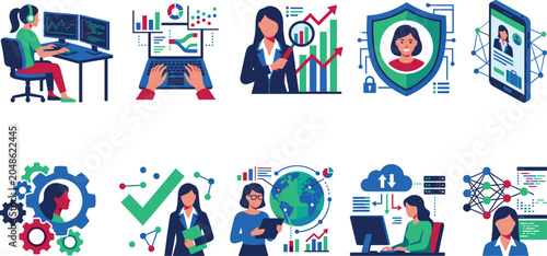 Women in Tech and Data Science Illustration Set featuring Software Engineering Cybersecurity Cloud Computing Machine Learning and Business Intelligence Graphics