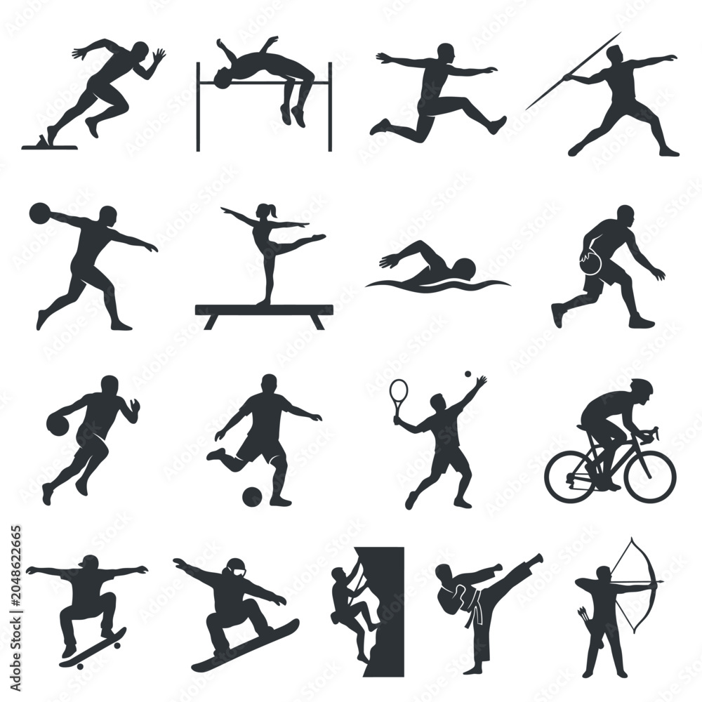 Fototapeta premium Diverse sports icons set action silhouettes athletics extreme olympic events
