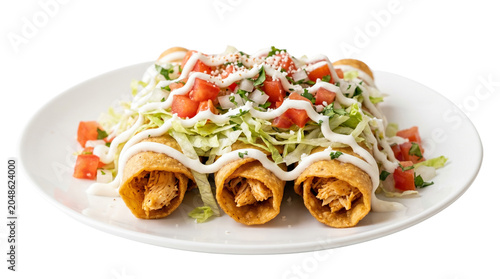 Crispy Chicken Taquitos Garnished with Fresh Lettuce and Tomato on White Background