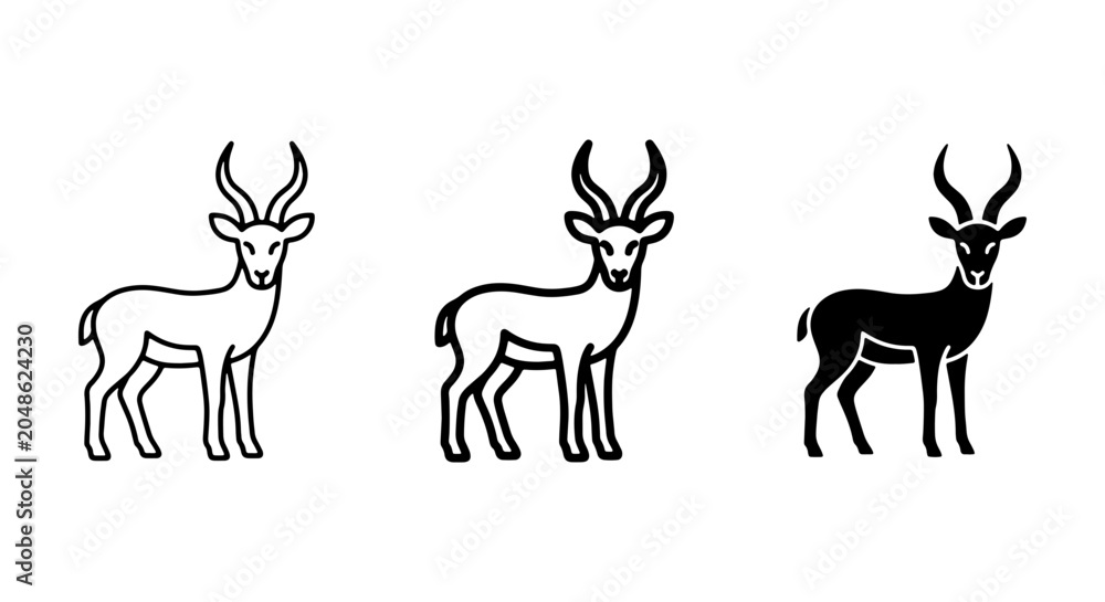 Fototapeta premium Elegant Antelope Icons Set, Stylized Gazelle Vector Graphics, Wildlife Silhouette Illustrations, African Fauna Collection