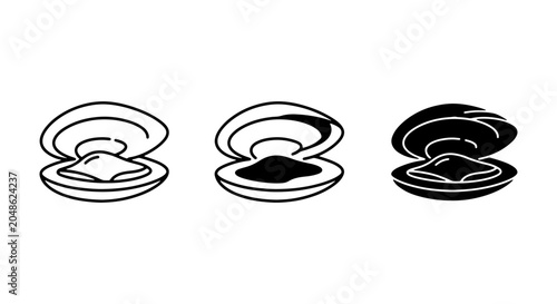 Foto Seafood Icons: Clam Shells, Open Oysters, and Bivalve Mollusks, Simple Line Art