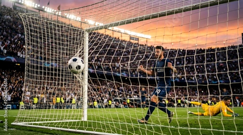Professional soccer player celebrating a goal in a packed stadium at sunset